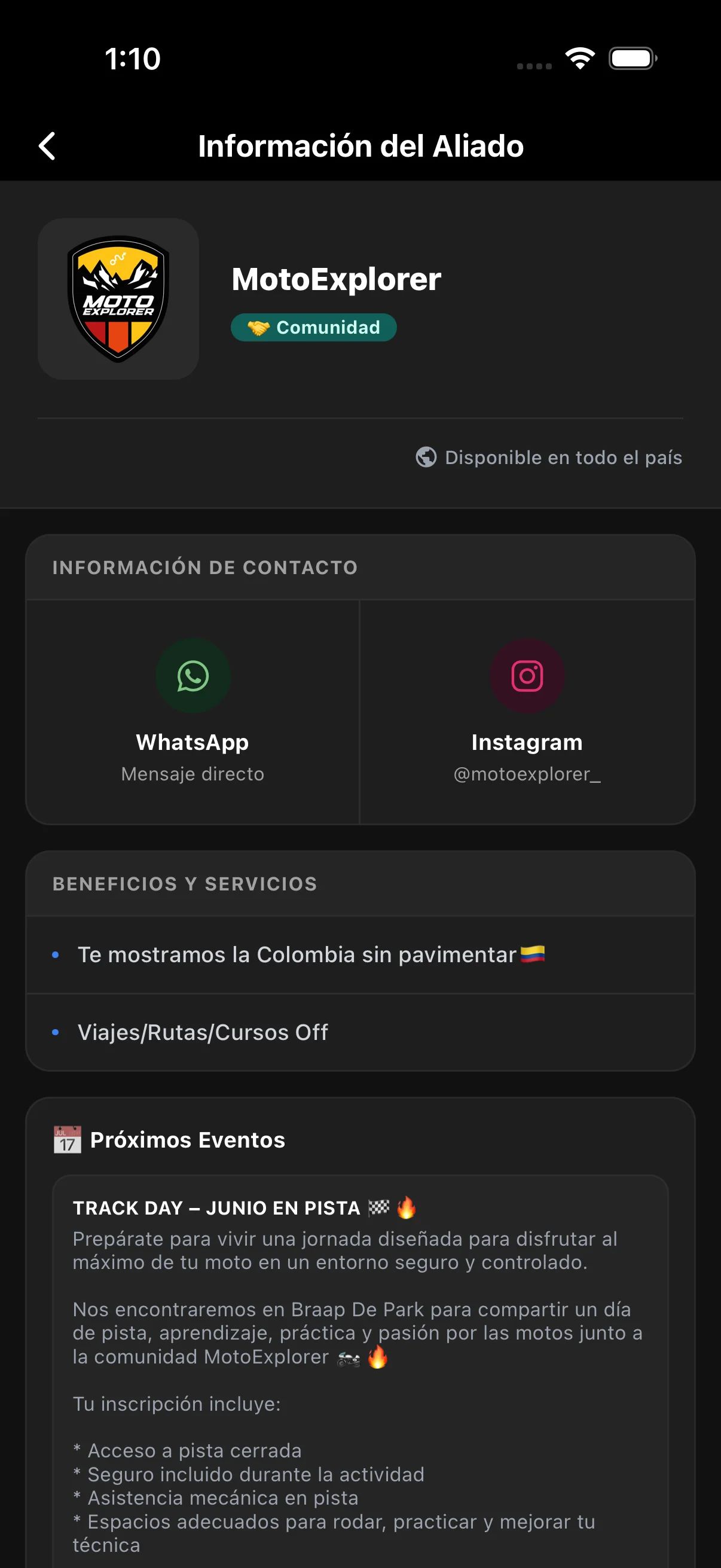 Perfil de una comunidad aliada en la app RodarLibre con beneficios y próximos eventos