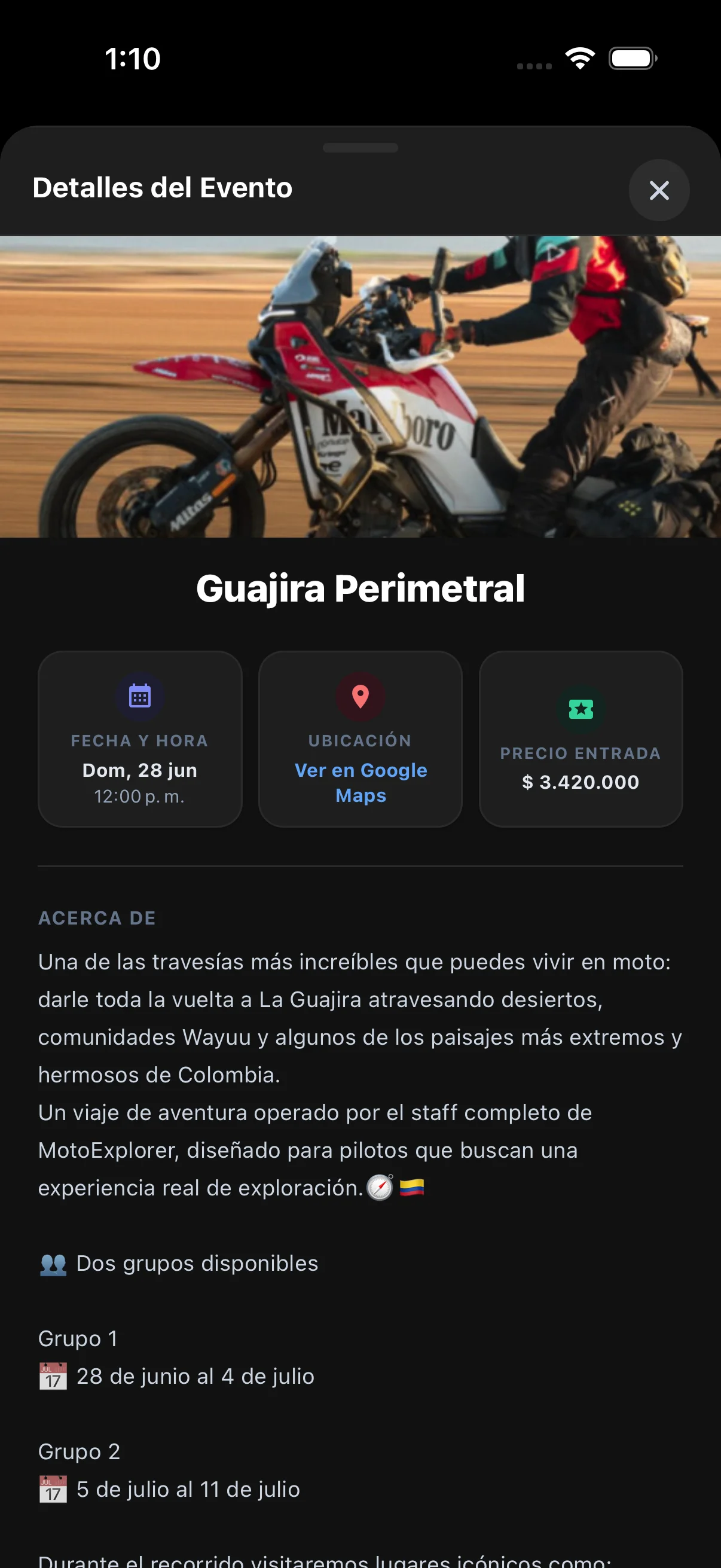 Detalle de un evento en la app RodarLibre con fecha, ubicación y precio de entrada